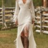 Retro Lace V neck Long Sleeve Tassel Short Front And Long Back Skirt Maxi Dress